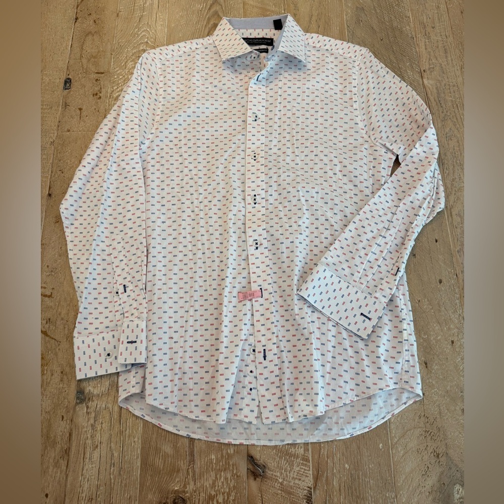 NICK GRAHAM MEN’S MODERN FIT STRETCH DRESS SHIRT. Small white, blue, red